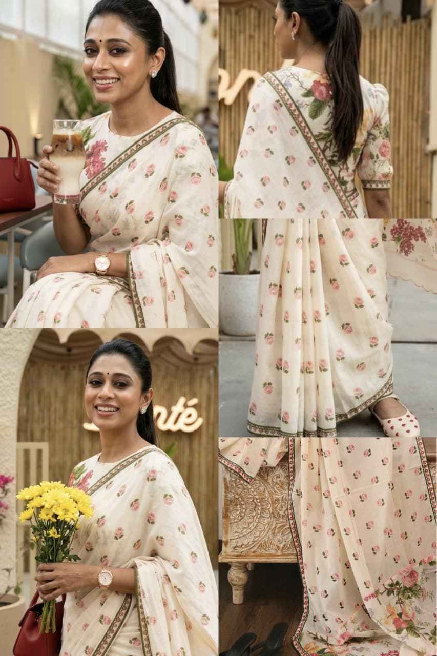 PLAIN LINEN DIGITAL PRINTED SAREE CODE MG674