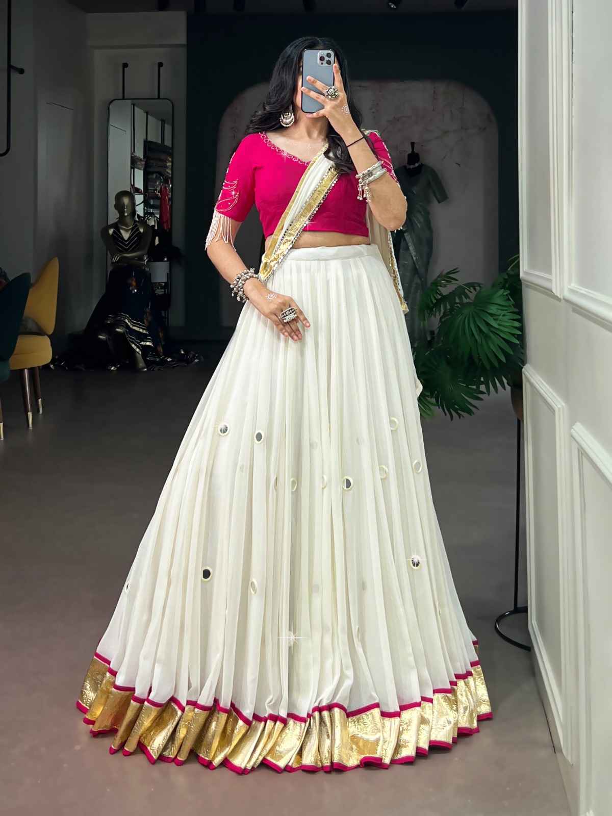 MARBLE FABRIC WITH EMBOSSED DESIGN & REAL MIRROR WORK LEHENGA CHOLI
