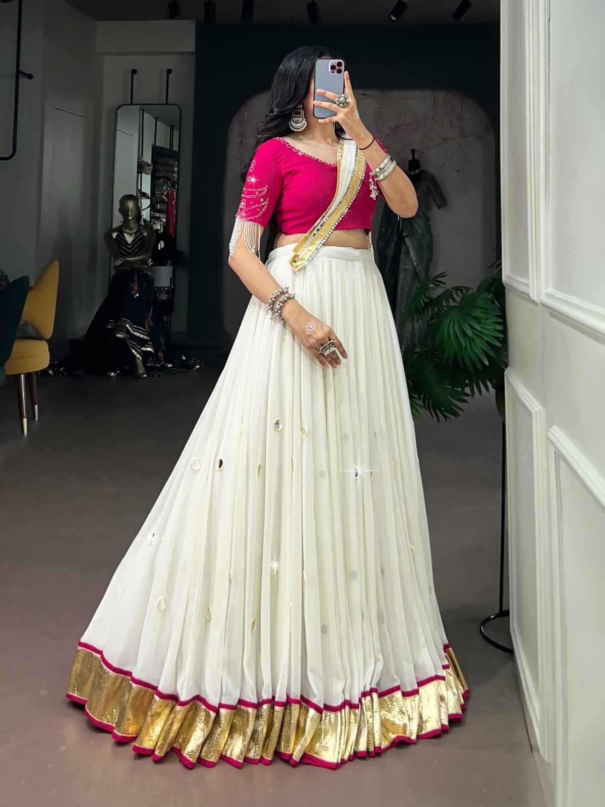 MARBLE FABRIC WITH EMBOSSED DESIGN & REAL MIRROR WORK LEHENGA CHOLI