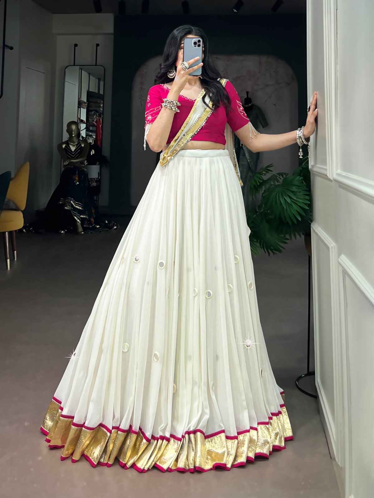 MARBLE FABRIC WITH EMBOSSED DESIGN & REAL MIRROR WORK LEHENGA CHOLI