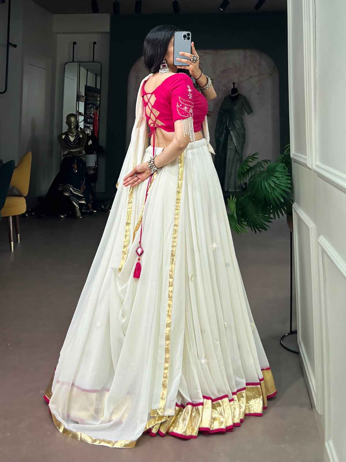 MARBLE FABRIC WITH EMBOSSED DESIGN & REAL MIRROR WORK LEHENGA CHOLI