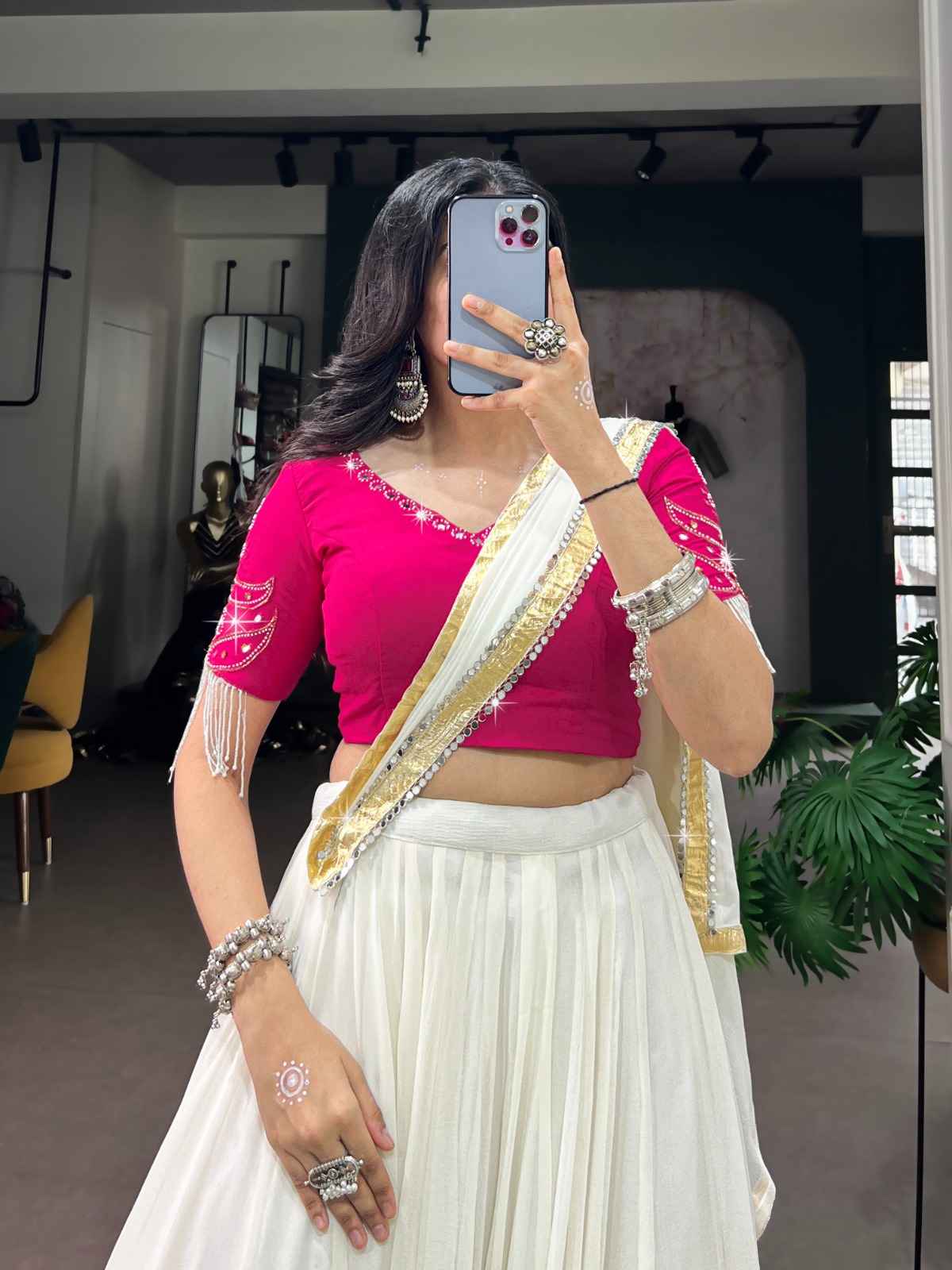 MARBLE FABRIC WITH EMBOSSED DESIGN & REAL MIRROR WORK LEHENGA CHOLI