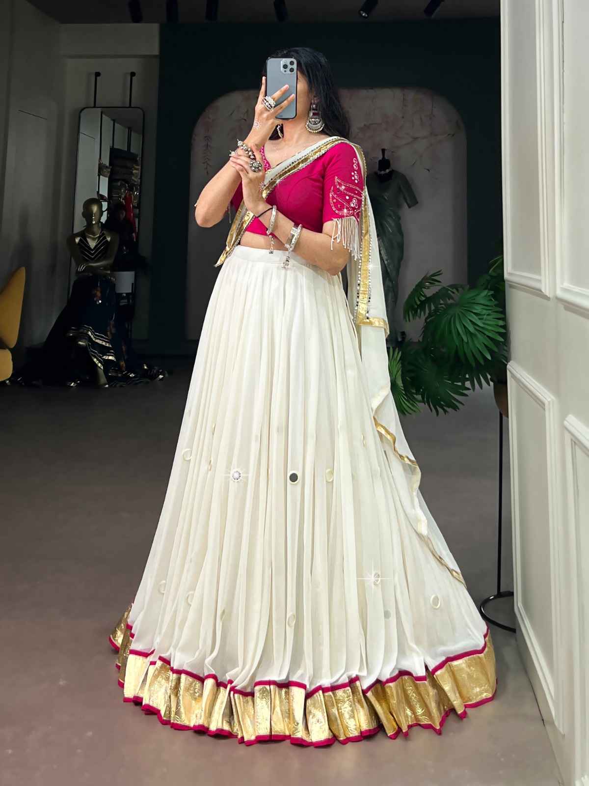 MARBLE FABRIC WITH EMBOSSED DESIGN & REAL MIRROR WORK LEHENGA CHOLI