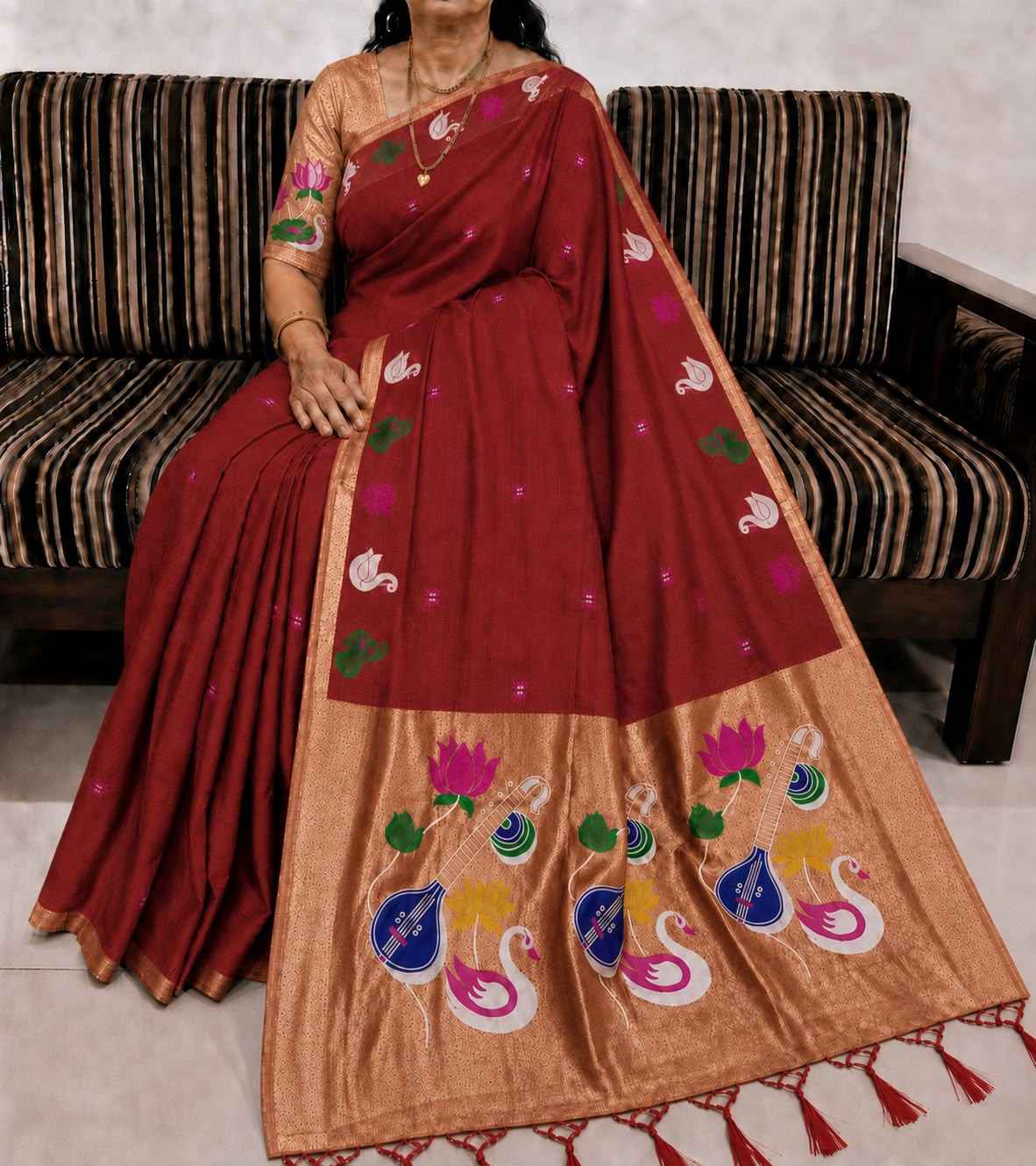 PURE SOFT MUGA COTTON FLOWER ZARI WEAVING PAITHANI SAREE