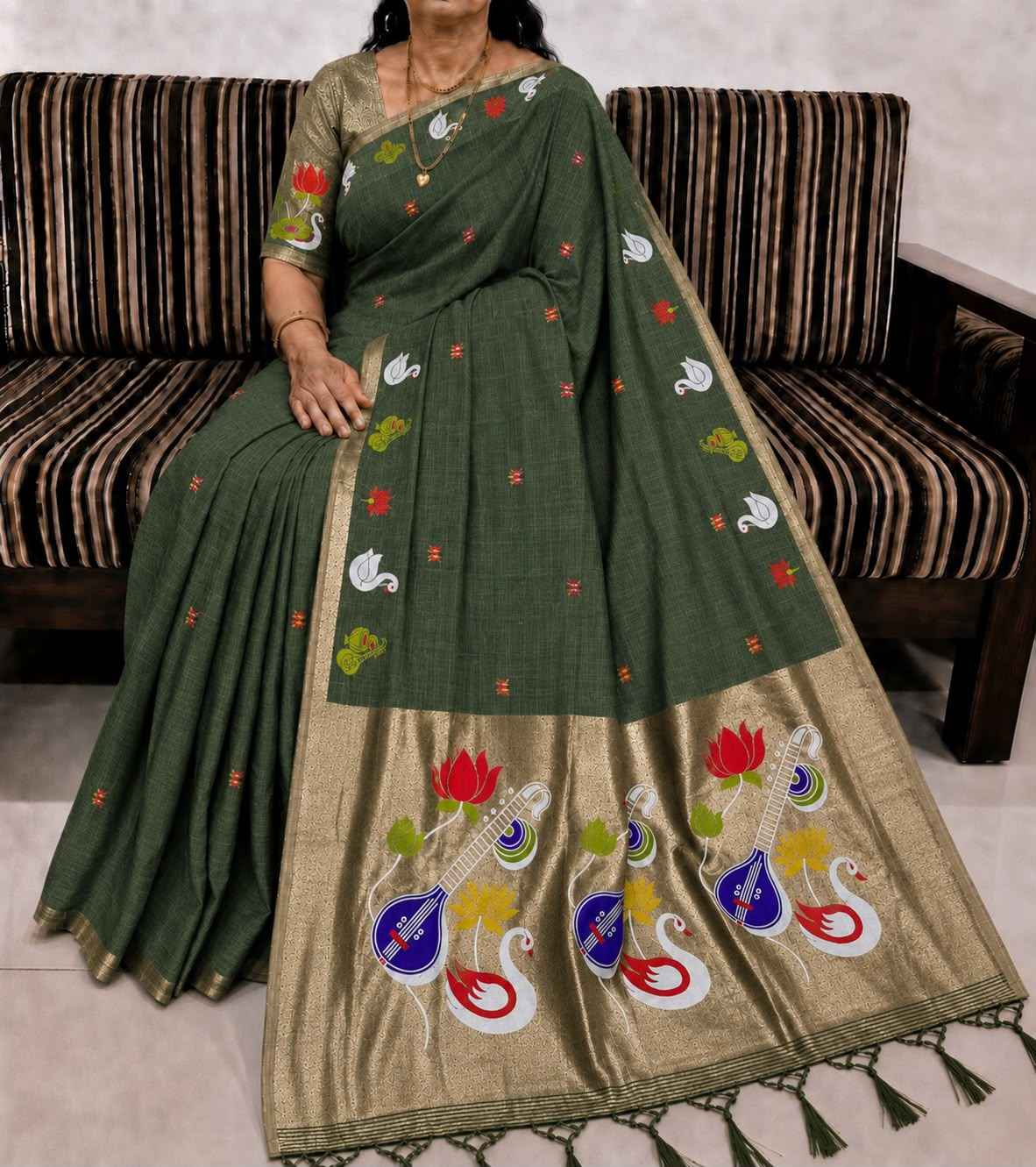 PURE SOFT MUGA COTTON FLOWER ZARI WEAVING PAITHANI SAREE