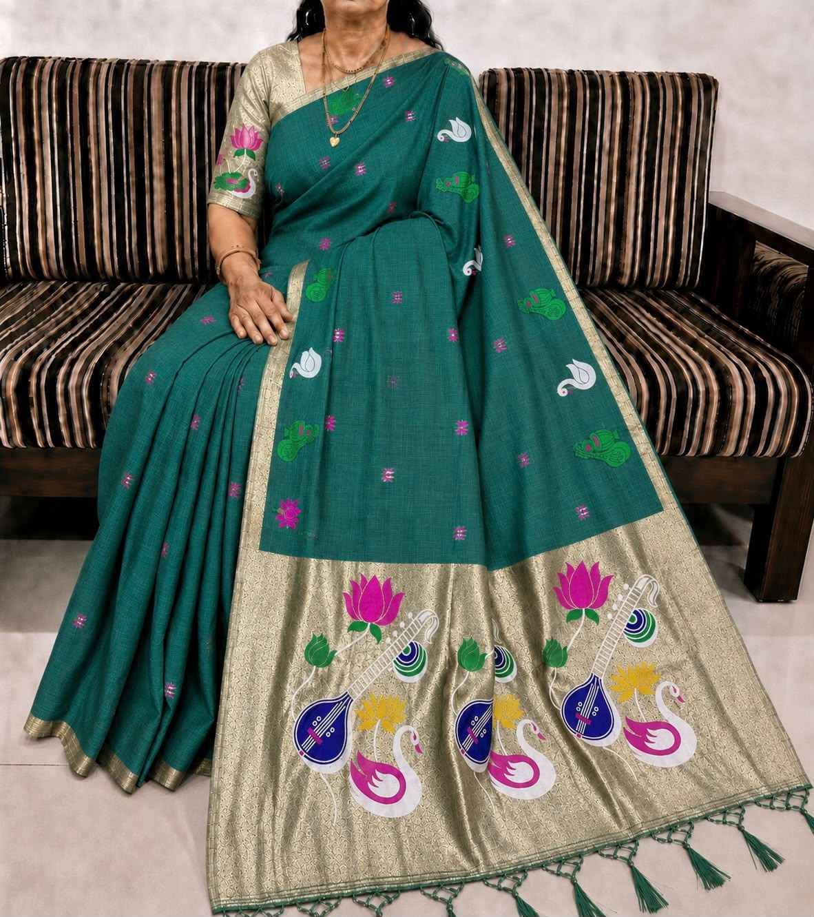 PURE SOFT MUGA COTTON FLOWER ZARI WEAVING PAITHANI SAREE