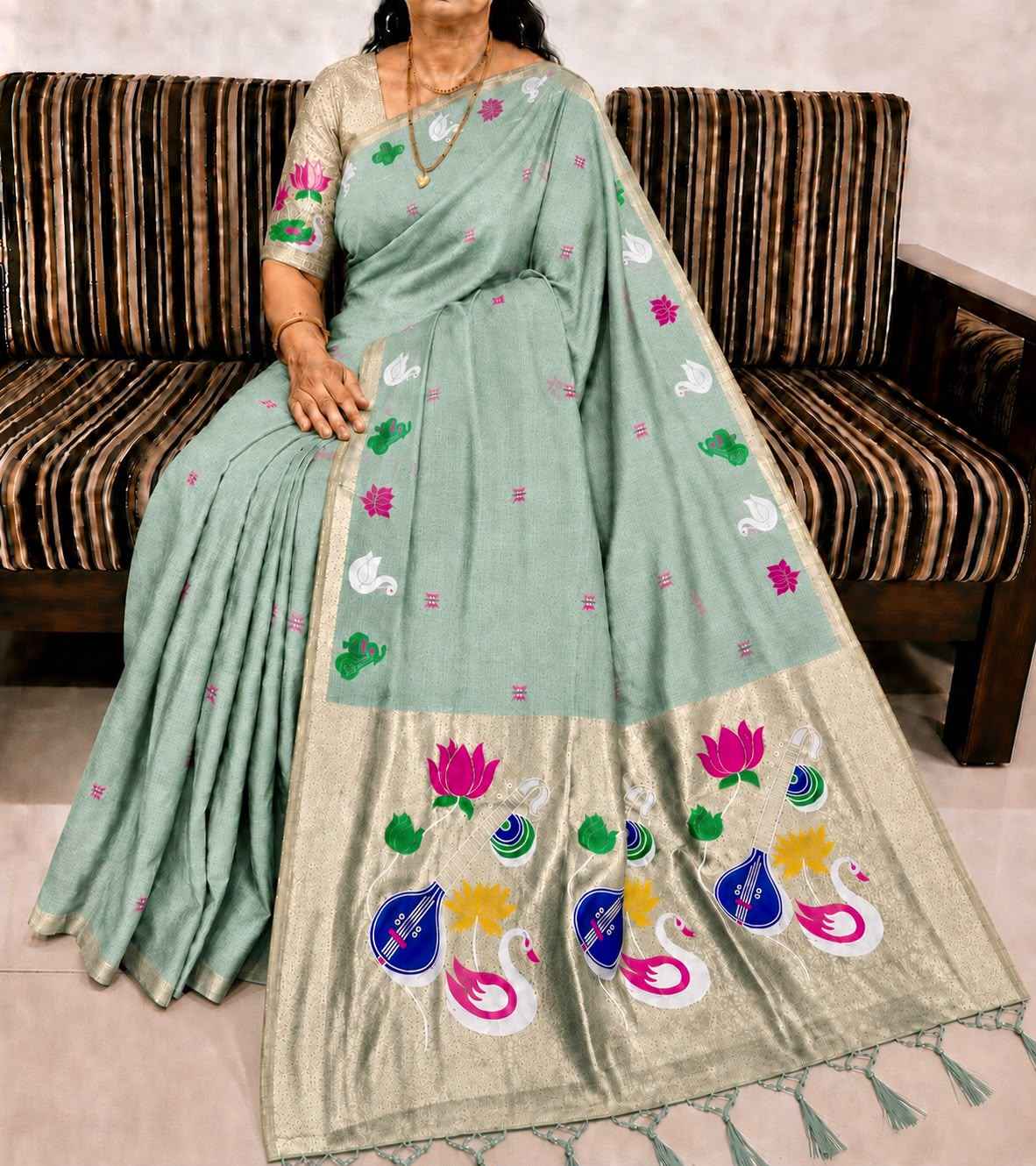 PURE SOFT MUGA COTTON FLOWER ZARI WEAVING PAITHANI SAREE
