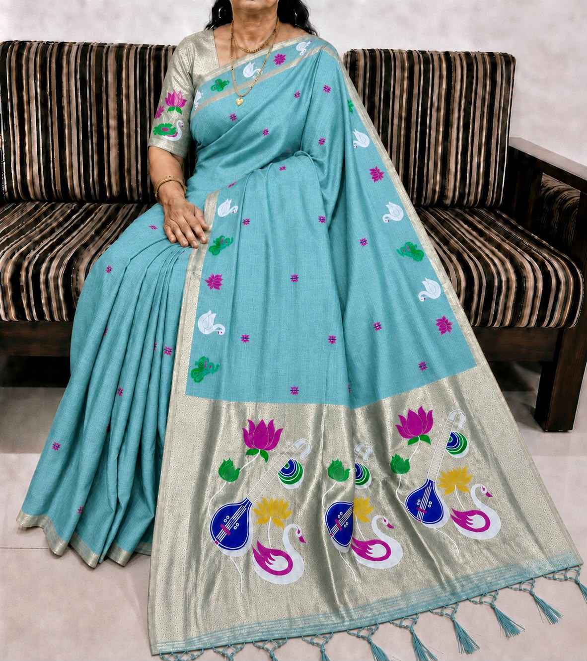 PURE SOFT MUGA COTTON FLOWER ZARI WEAVING PAITHANI SAREE
