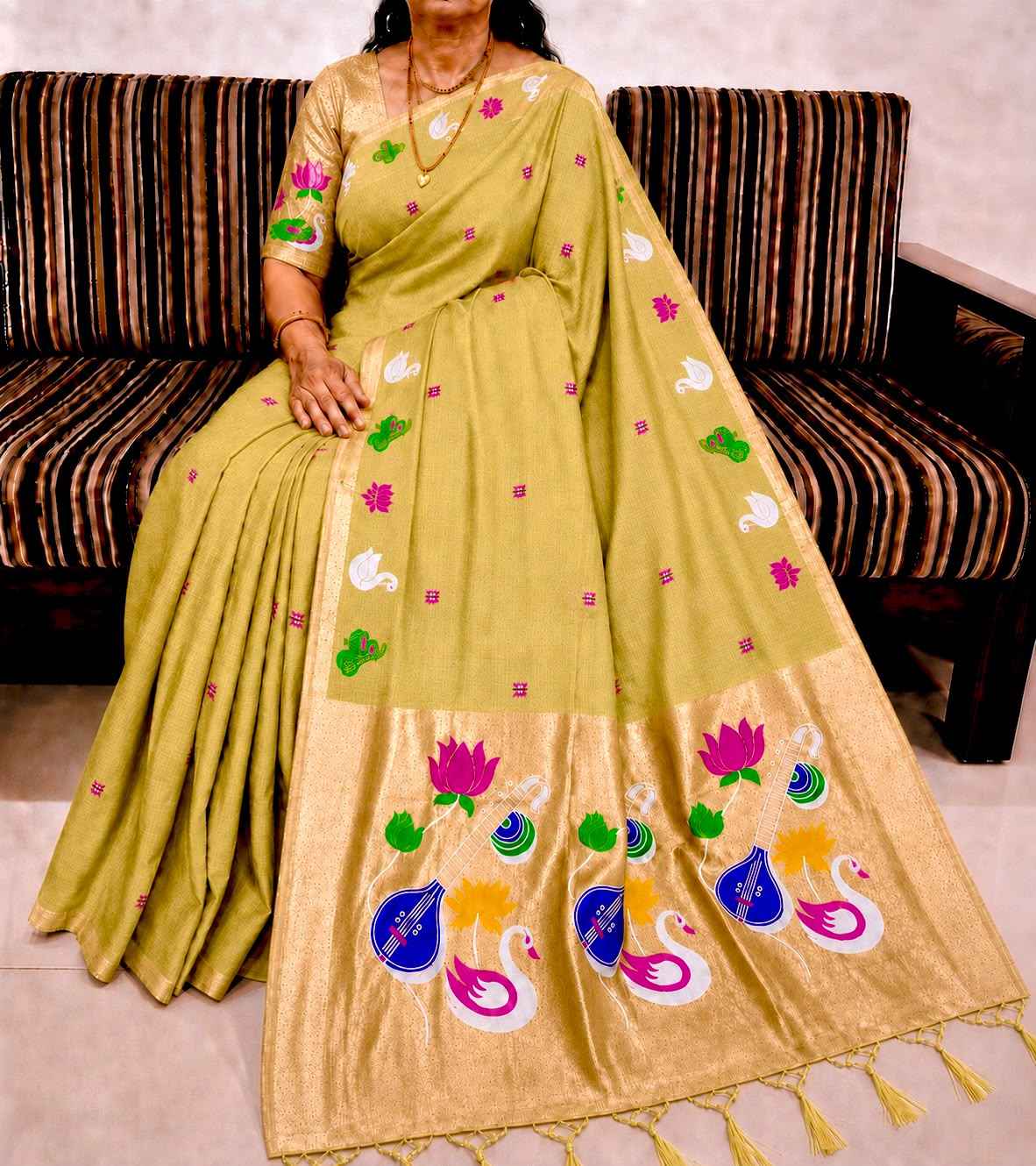 PURE SOFT MUGA COTTON FLOWER ZARI WEAVING PAITHANI SAREE