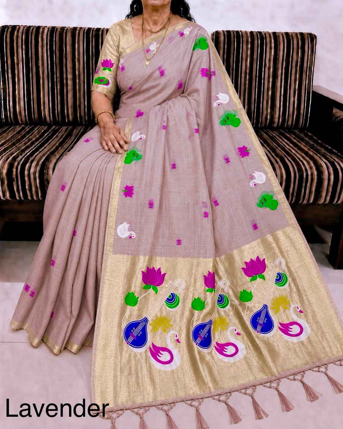 PURE SOFT MUGA COTTON FLOWER ZARI WEAVING PAITHANI SAREE