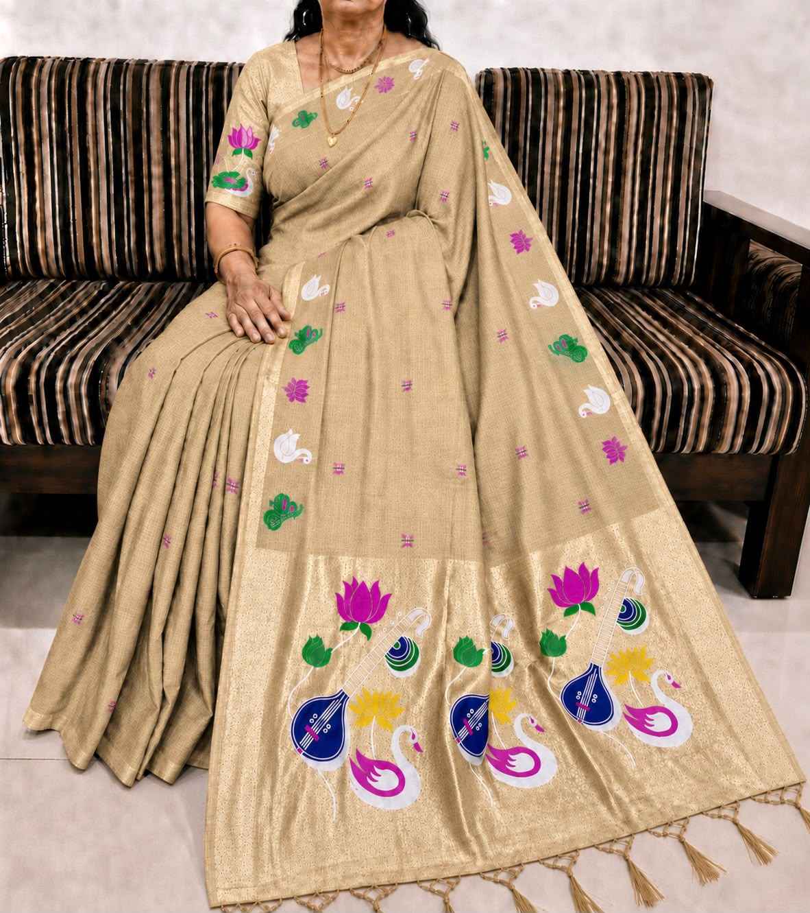 PURE SOFT MUGA COTTON FLOWER ZARI WEAVING PAITHANI SAREE