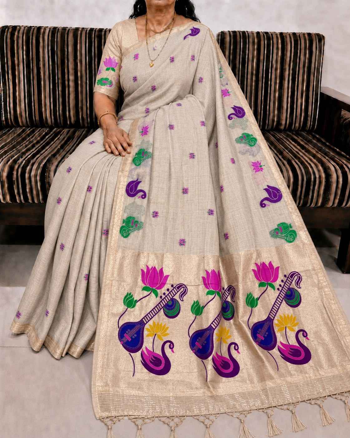 PURE SOFT MUGA COTTON FLOWER ZARI WEAVING PAITHANI SAREE