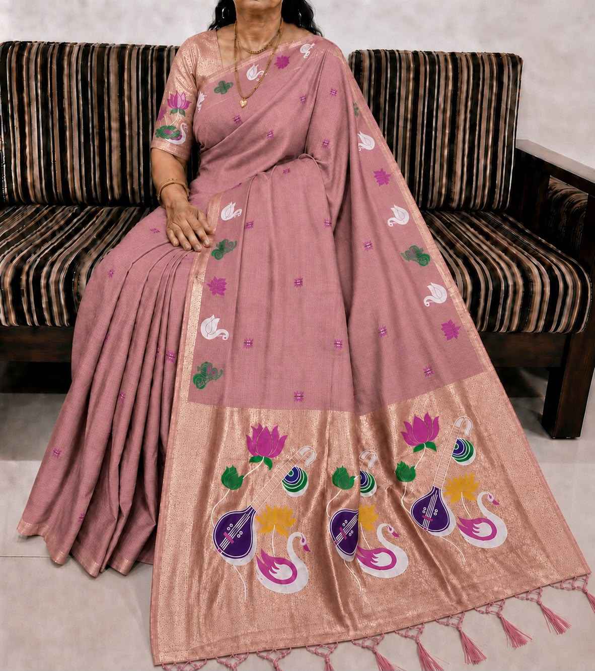 PURE SOFT MUGA COTTON FLOWER ZARI WEAVING PAITHANI SAREE