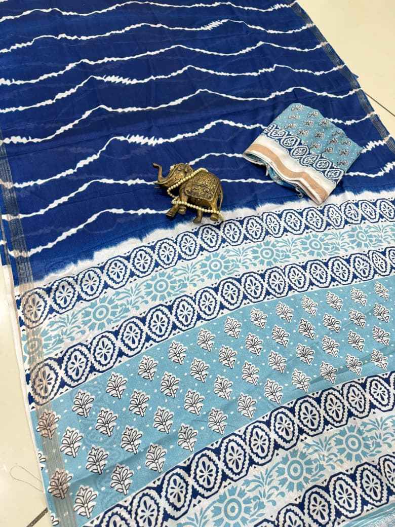 MUL COTTON PRINT WITH SILVER JARI BORDER SAREE