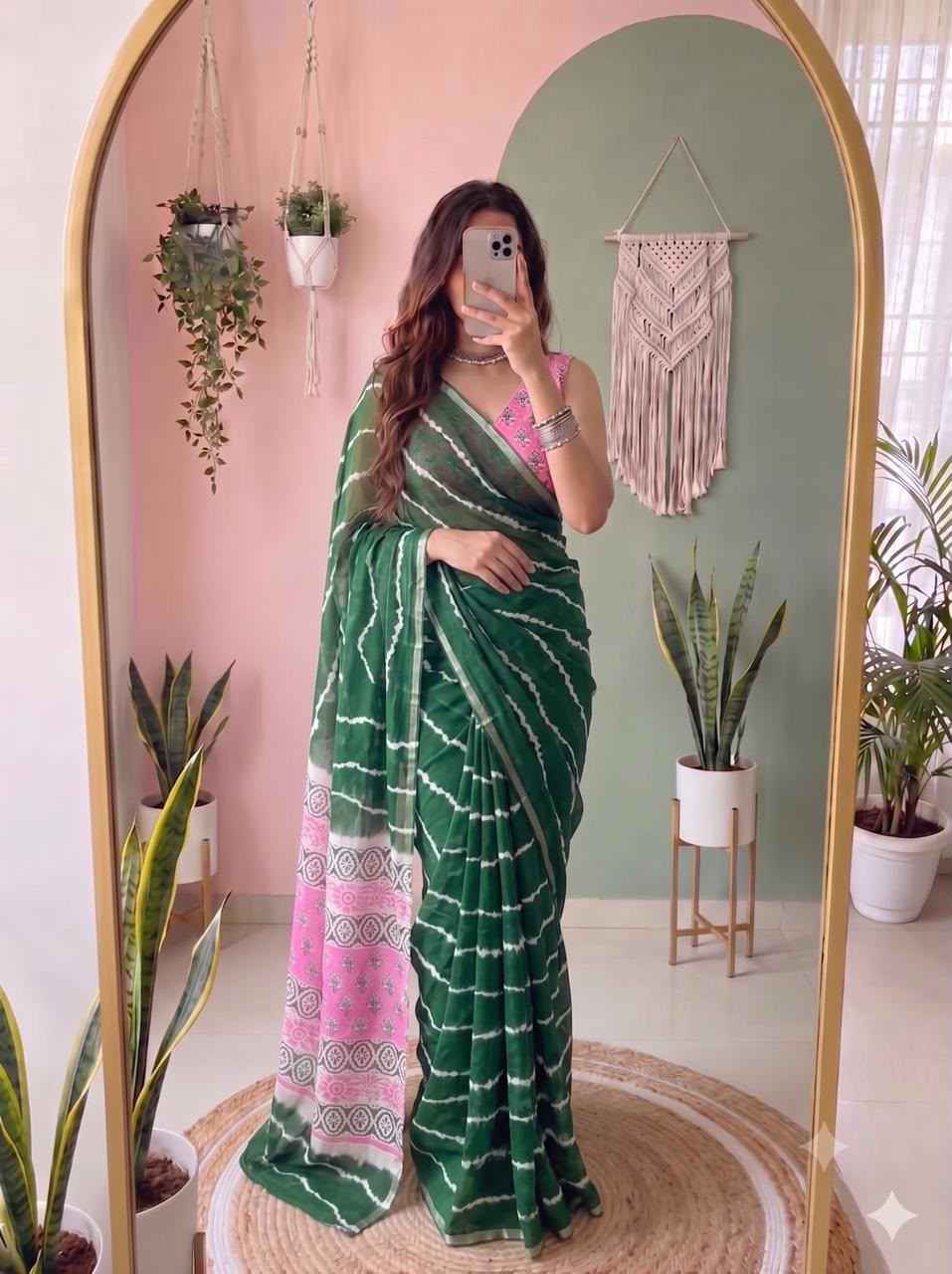 MUL COTTON PRINT WITH SILVER JARI BORDER SAREE
