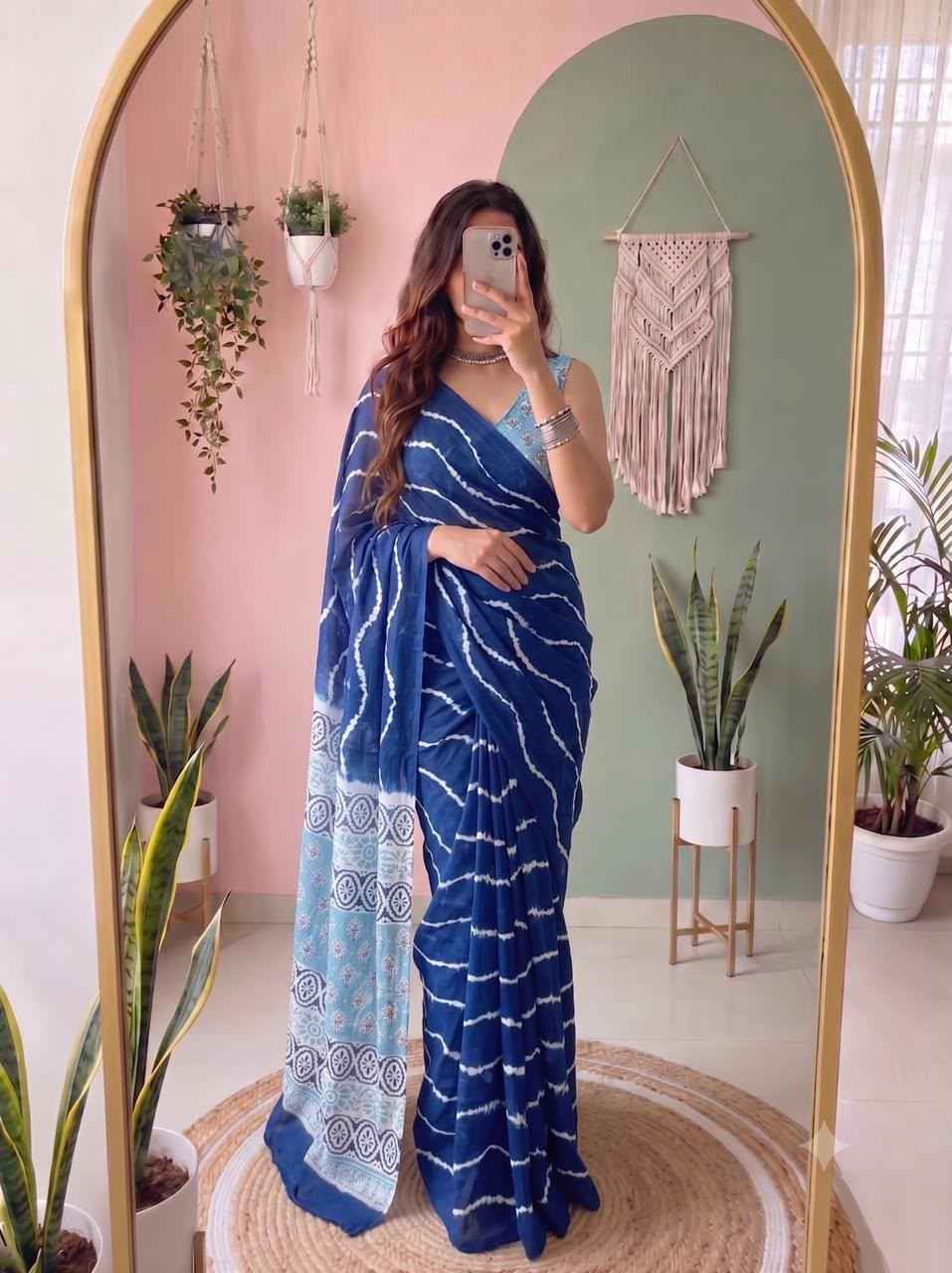 MUL COTTON PRINT WITH SILVER JARI BORDER SAREE