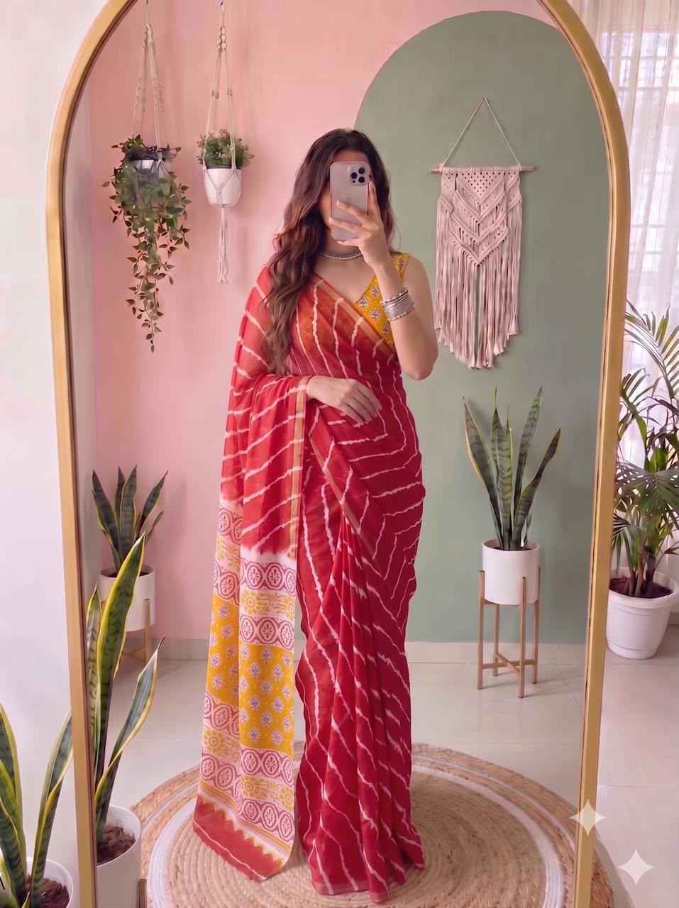MUL COTTON PRINT WITH SILVER JARI BORDER SAREE