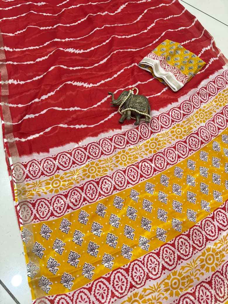 MUL COTTON PRINT WITH SILVER JARI BORDER SAREE
