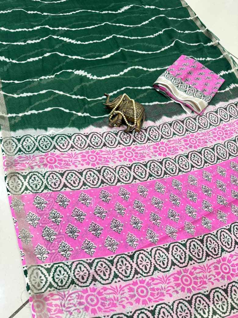 MUL COTTON PRINT WITH SILVER JARI BORDER SAREE