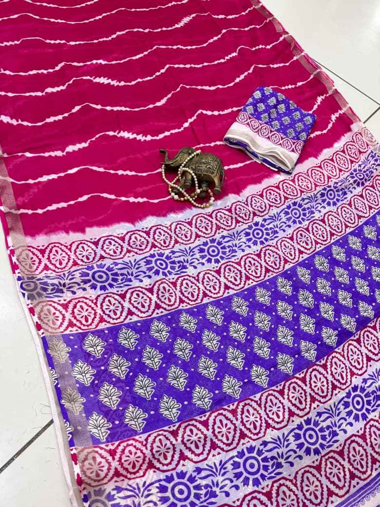 MUL COTTON PRINT WITH SILVER JARI BORDER SAREE