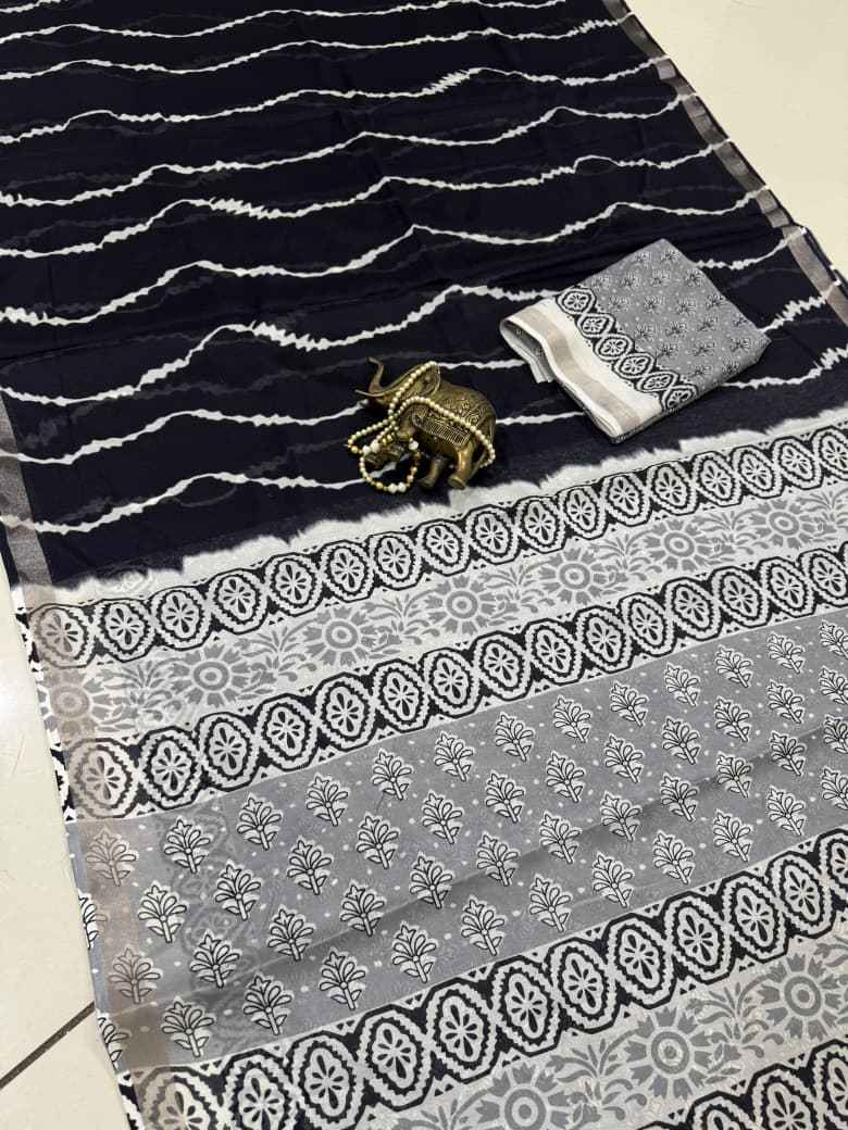MUL COTTON PRINT WITH SILVER JARI BORDER SAREE