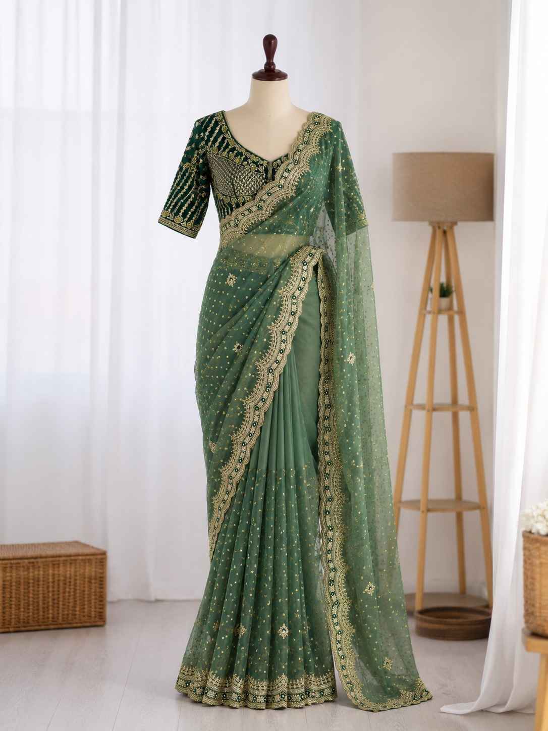 NC MOSS BUTTI SEQUENCE THREAD WORK SAREE