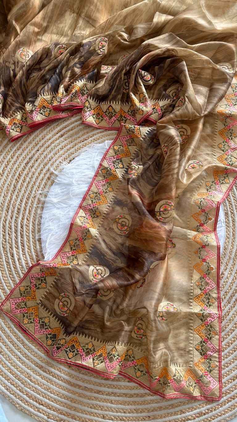 ORGANZA SILK STRUCTURE PRINTED EMBROIDERY THREAD WORK SAREE