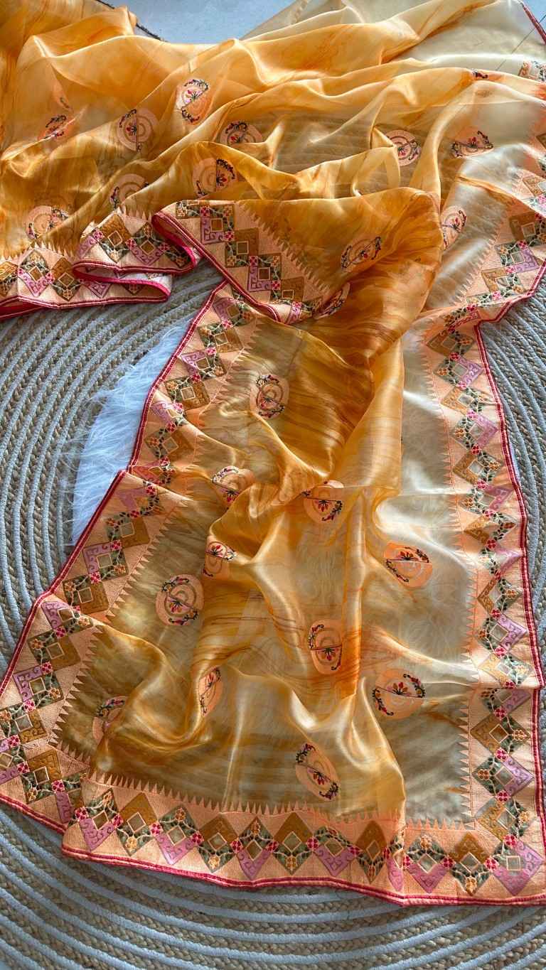 ORGANZA SILK STRUCTURE PRINTED EMBROIDERY THREAD WORK SAREE