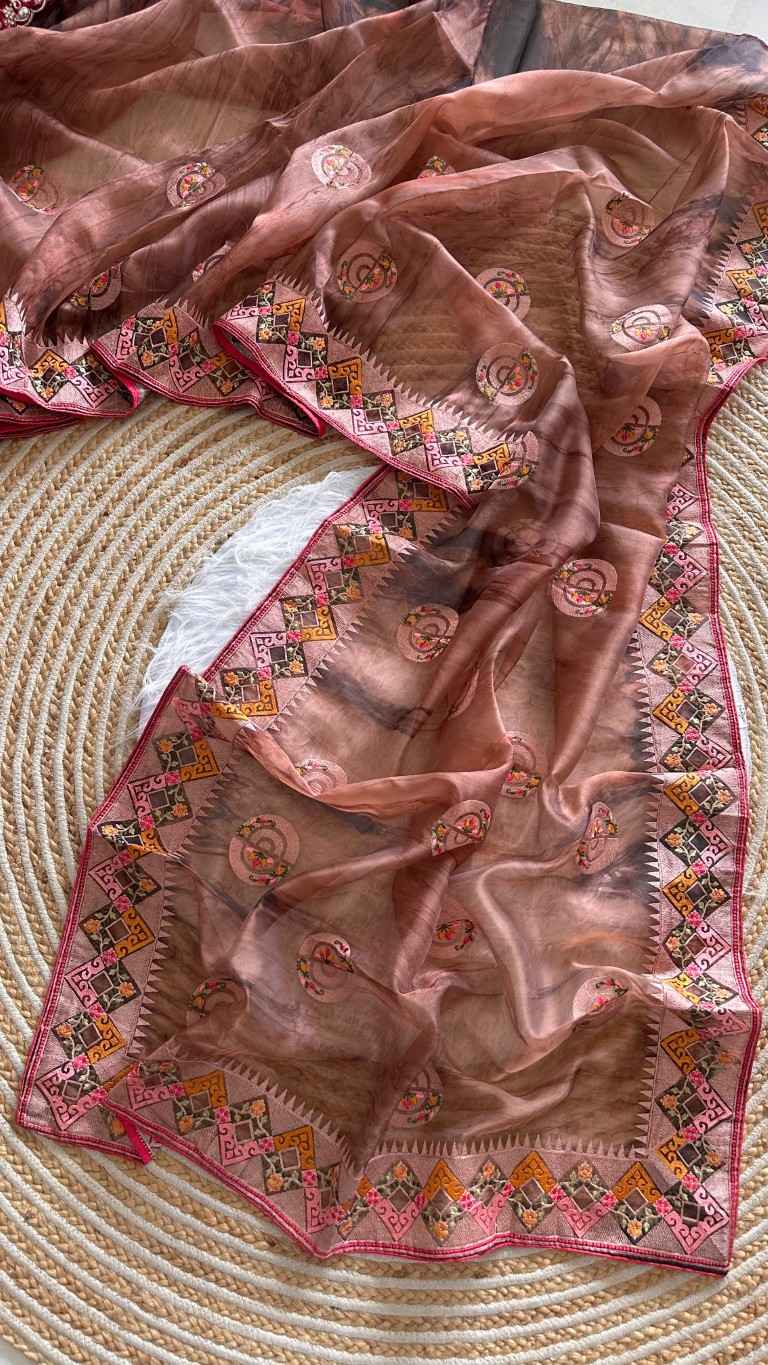ORGANZA SILK STRUCTURE PRINTED EMBROIDERY THREAD WORK SAREE