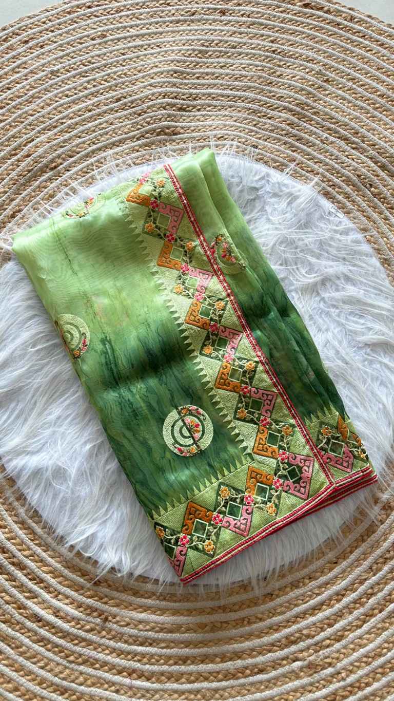 ORGANZA SILK STRUCTURE PRINTED EMBROIDERY THREAD WORK SAREE