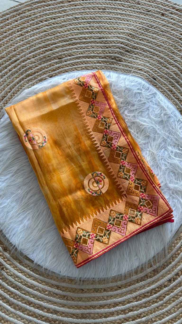 ORGANZA SILK STRUCTURE PRINTED EMBROIDERY THREAD WORK SAREE