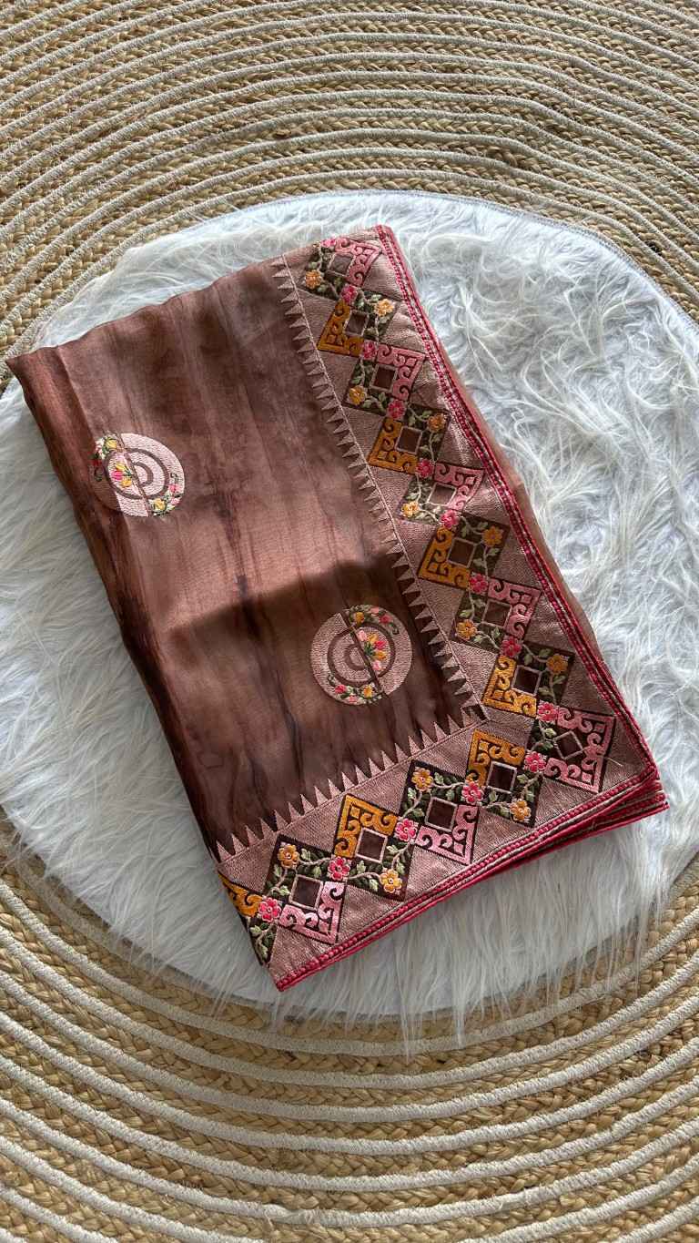 ORGANZA SILK STRUCTURE PRINTED EMBROIDERY THREAD WORK SAREE