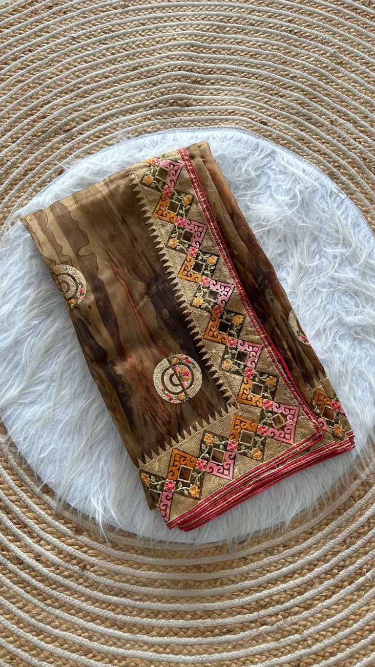 ORGANZA SILK STRUCTURE PRINTED EMBROIDERY THREAD WORK SAREE