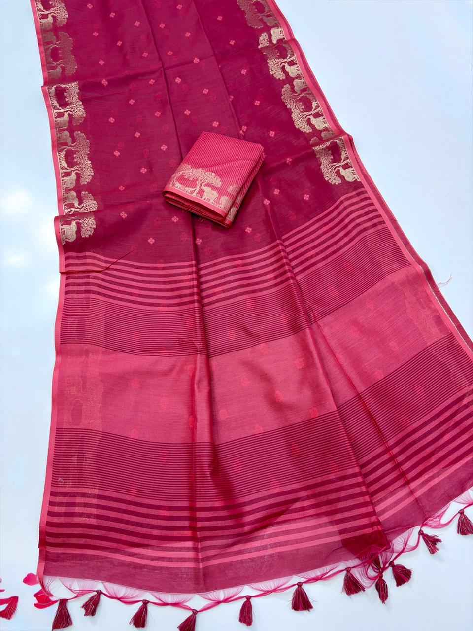 SOFT KHADI RAW SILK GOLDEN ZARI WEAVING ELEPHANT BORDER SAREE