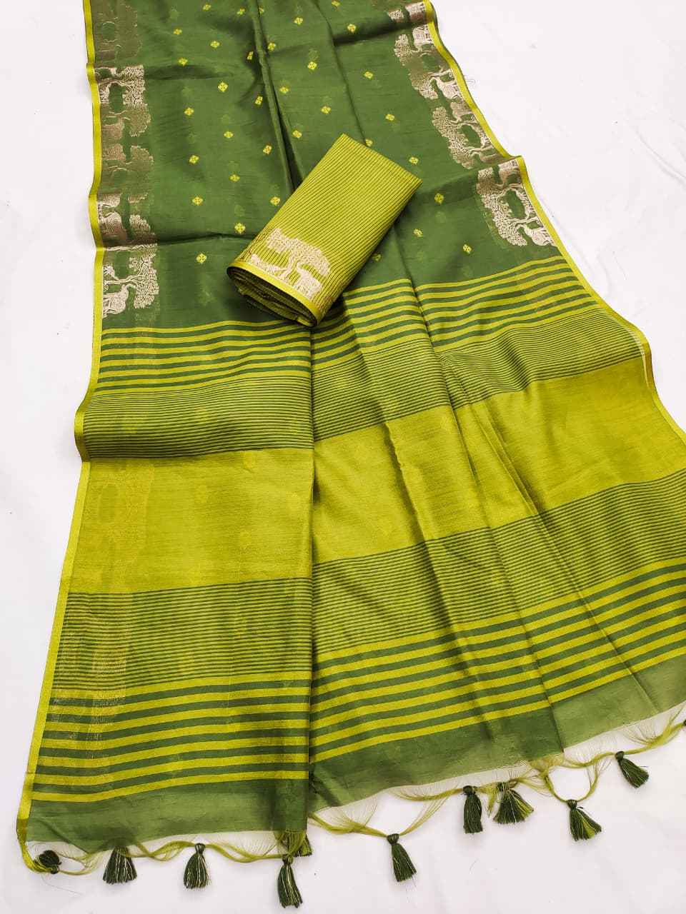 SOFT KHADI RAW SILK GOLDEN ZARI WEAVING ELEPHANT BORDER SAREE