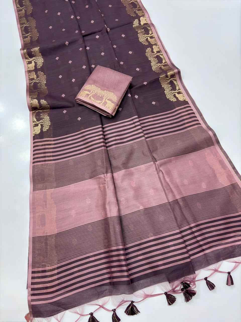 SOFT KHADI RAW SILK GOLDEN ZARI WEAVING ELEPHANT BORDER SAREE