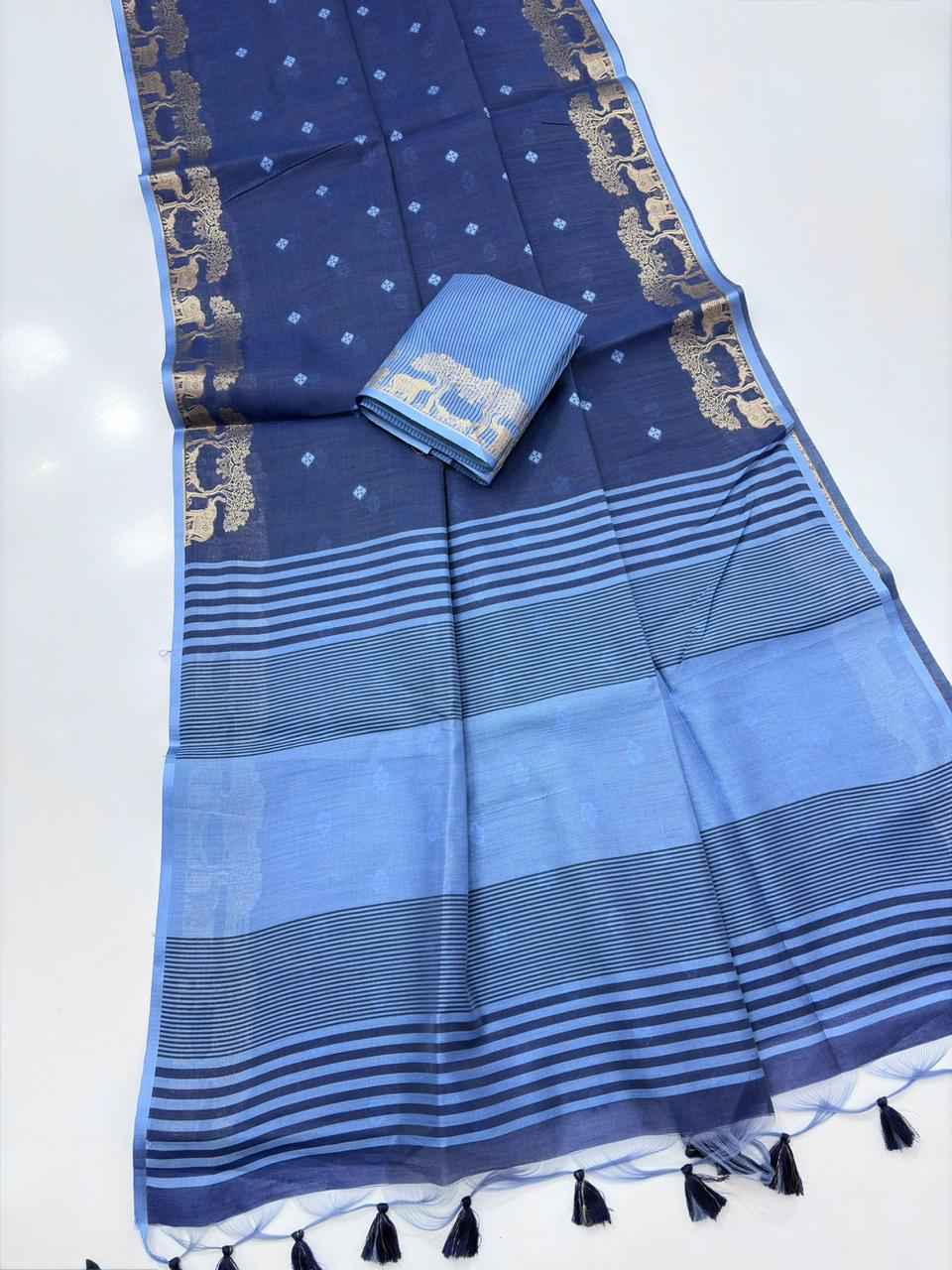 SOFT KHADI RAW SILK GOLDEN ZARI WEAVING ELEPHANT BORDER SAREE
