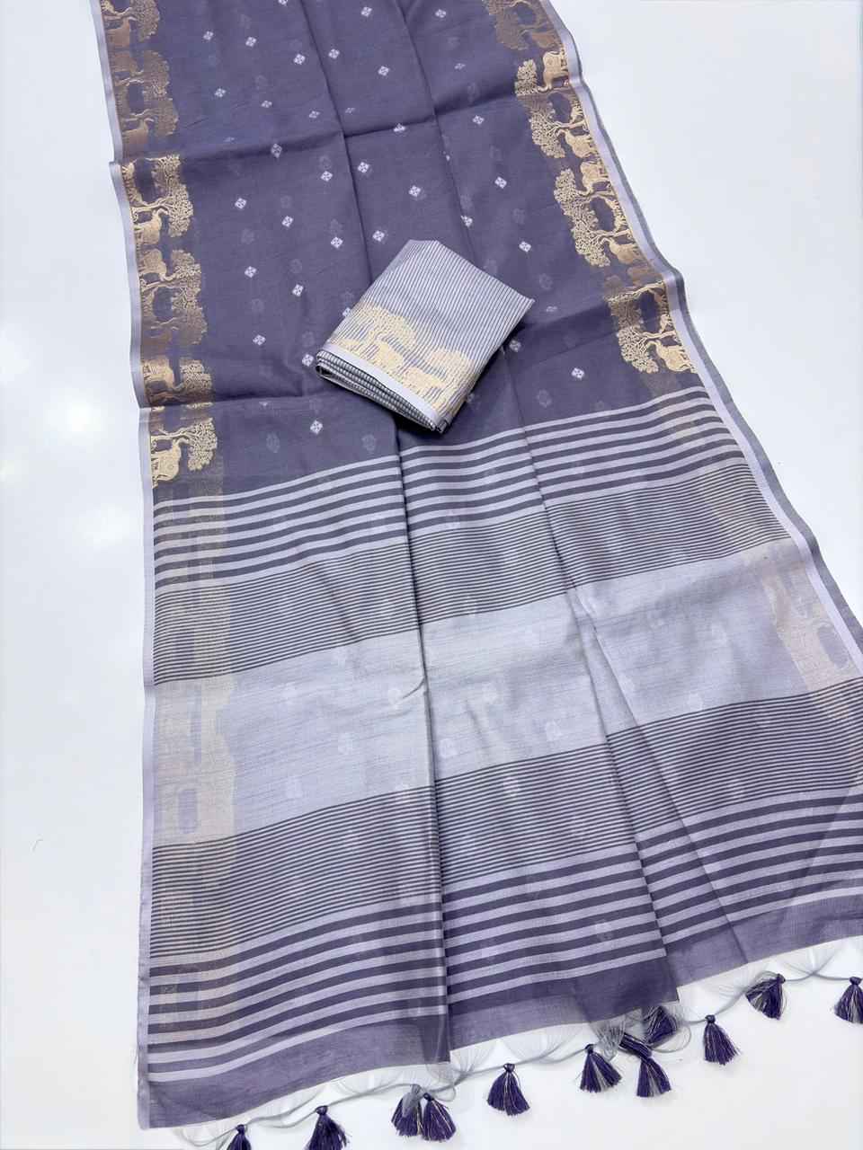 SOFT KHADI RAW SILK GOLDEN ZARI WEAVING ELEPHANT BORDER SAREE
