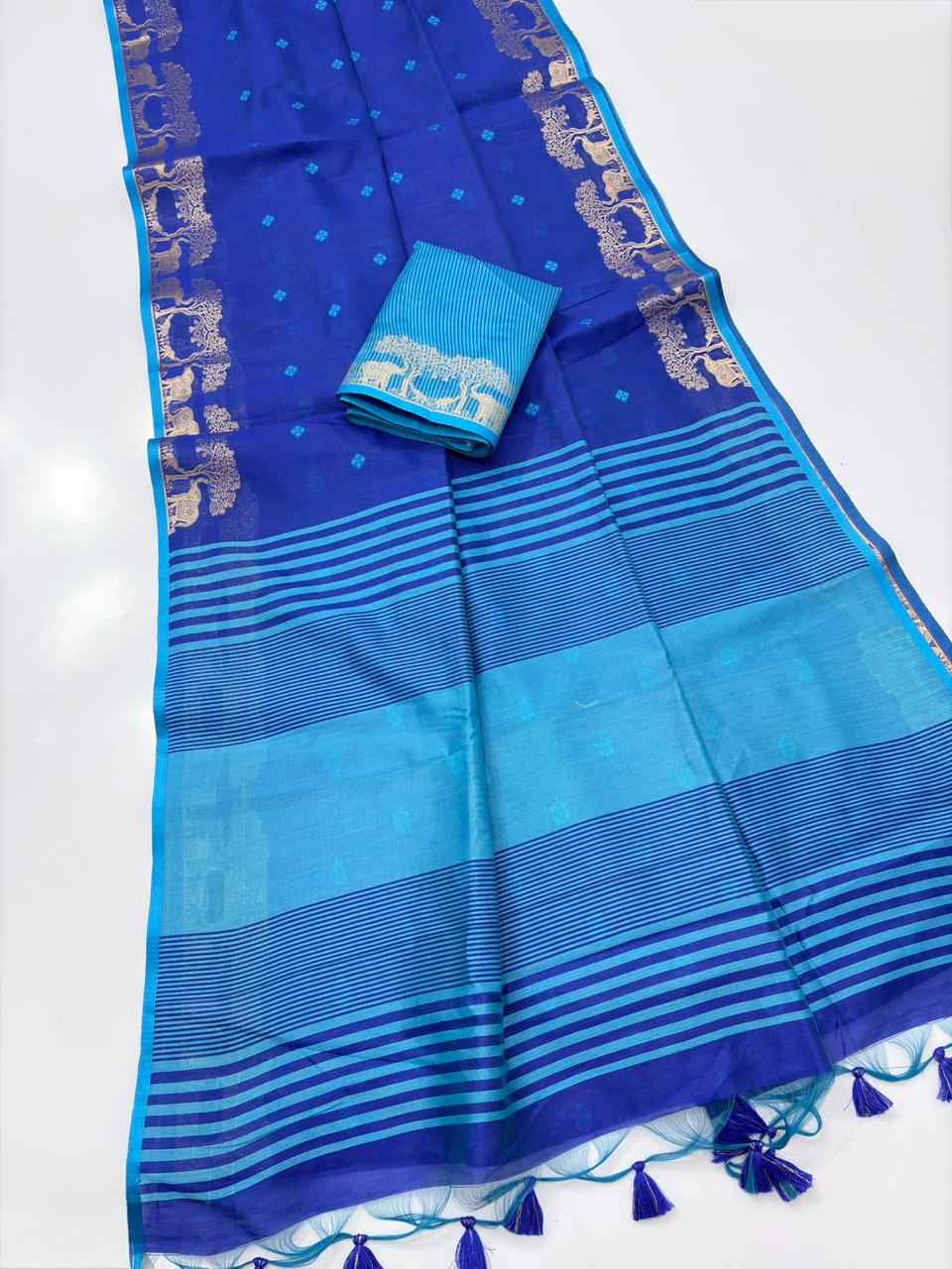 SOFT KHADI RAW SILK GOLDEN ZARI WEAVING ELEPHANT BORDER SAREE