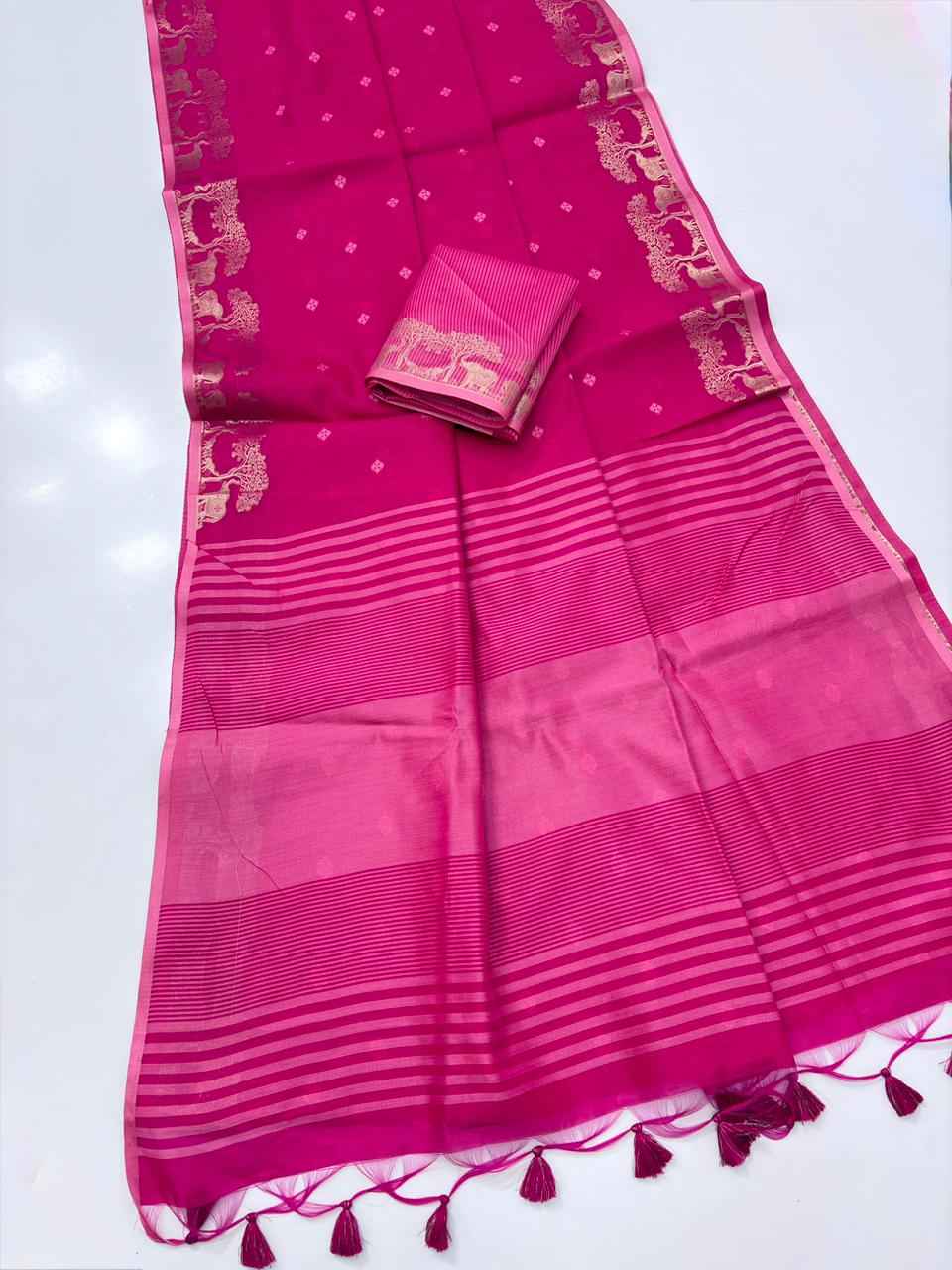 SOFT KHADI RAW SILK GOLDEN ZARI WEAVING ELEPHANT BORDER SAREE