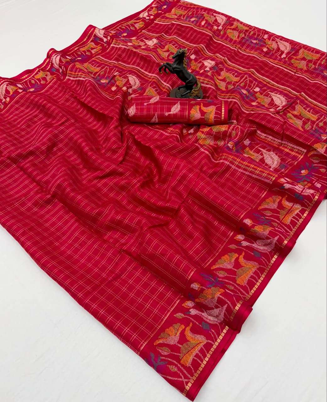MUGA SPICE SILK KALAMKARI PRINTED ZARI CHECKS SAREE 
