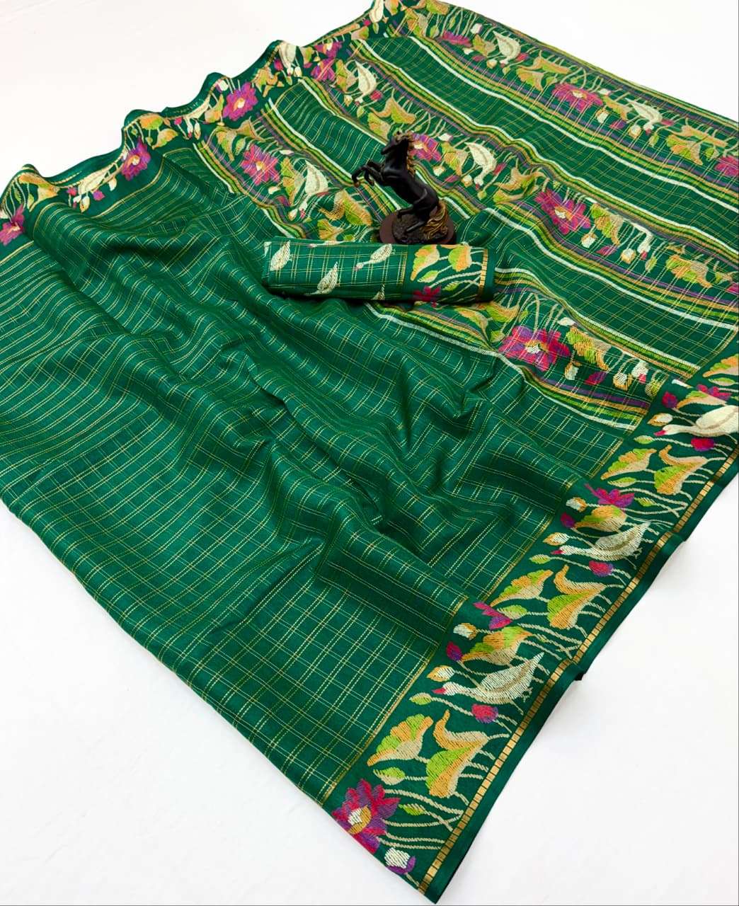 MUGA SPICE SILK KALAMKARI PRINTED ZARI CHECKS SAREE 