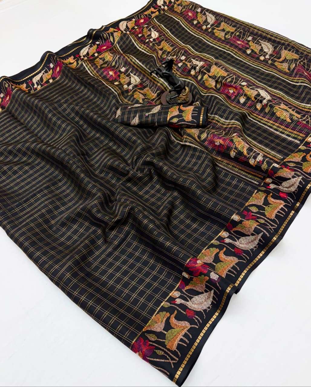 MUGA SPICE SILK KALAMKARI PRINTED ZARI CHECKS SAREE 