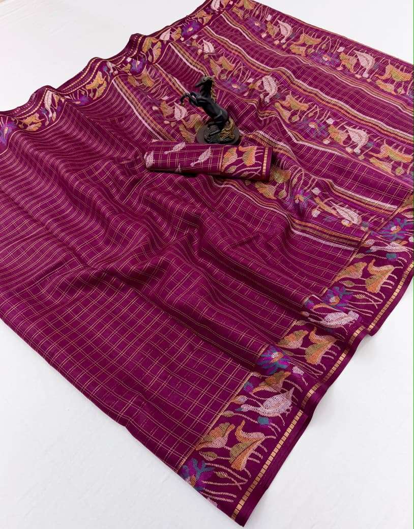 MUGA SPICE SILK KALAMKARI PRINTED ZARI CHECKS SAREE 