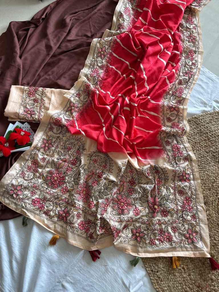 PURE HANDLOOM TUSSUR SILK LEHRIYA DIGITAL PRINTED SAREE 