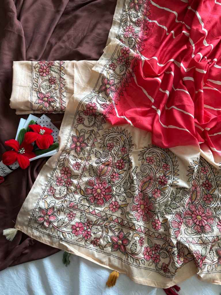 PURE HANDLOOM TUSSUR SILK LEHRIYA DIGITAL PRINTED SAREE 