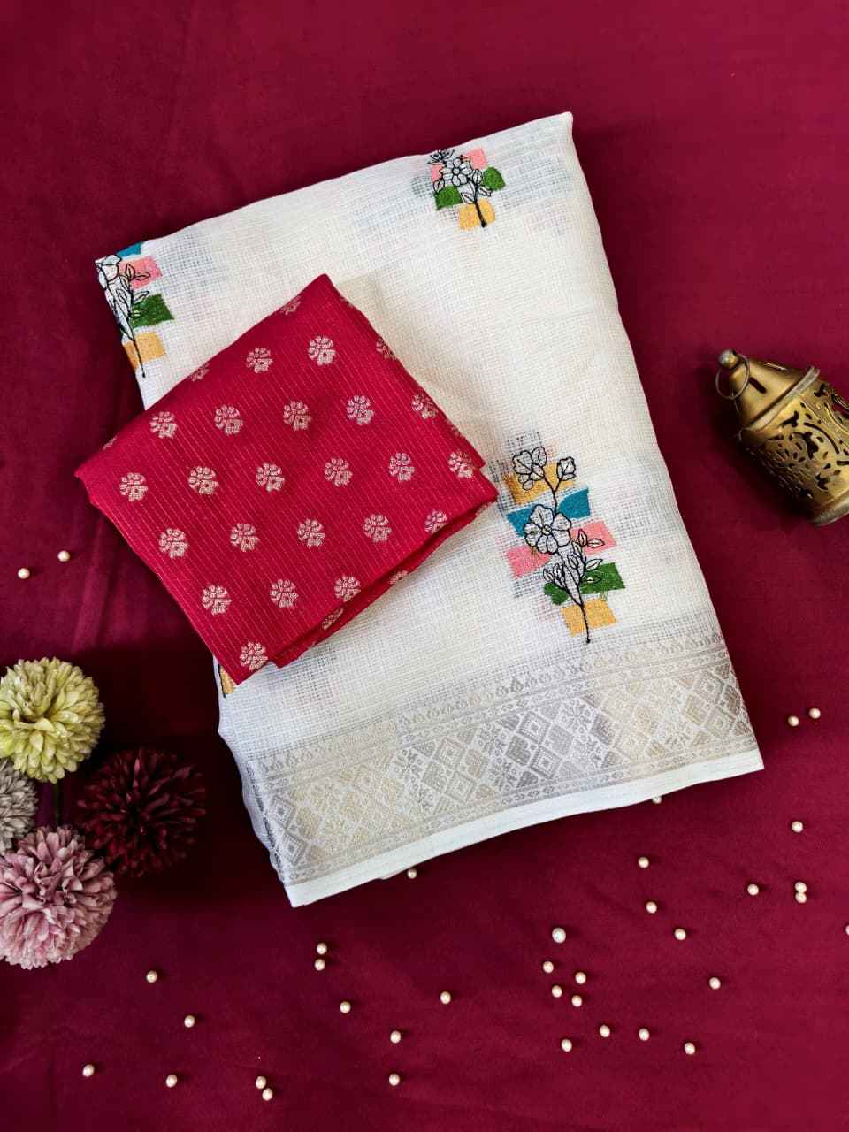 PURE KOTA FLOWER EMBROIDORY WORK ZARI BORDER SAREE 