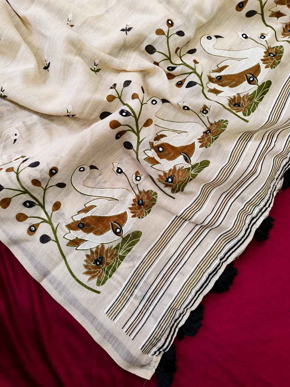 PURE SOFT LINEN SWAN DESIGN AARI MIRROR WORK SAREE 