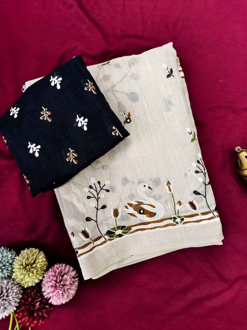 PURE SOFT LINEN SWAN DESIGN AARI MIRROR WORK SAREE 