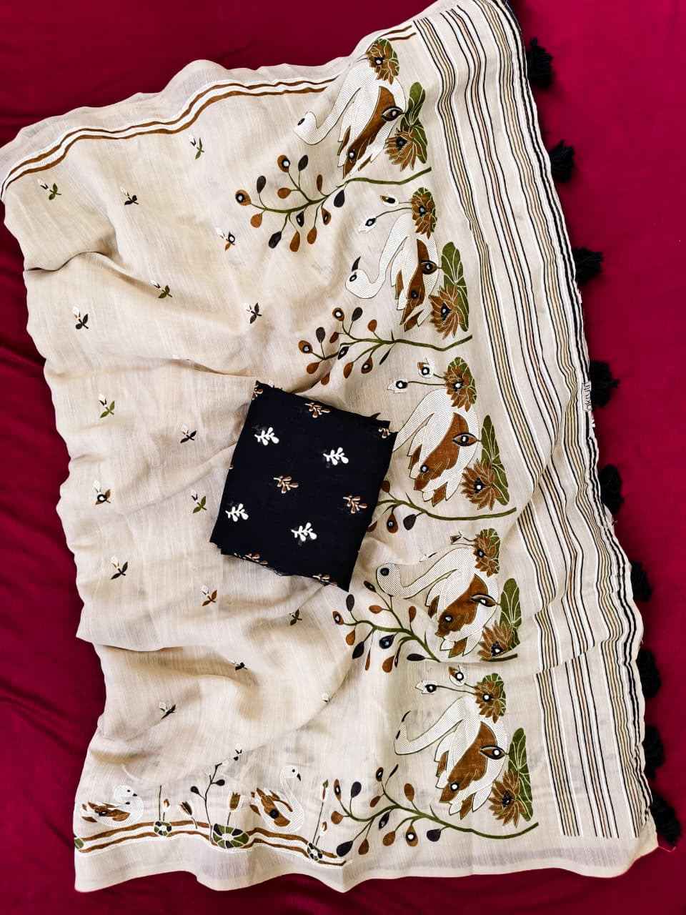 PURE SOFT LINEN SWAN DESIGN AARI MIRROR WORK SAREE 